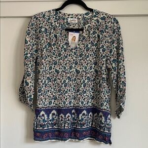 Blue Floral Border Cream Tunic Top